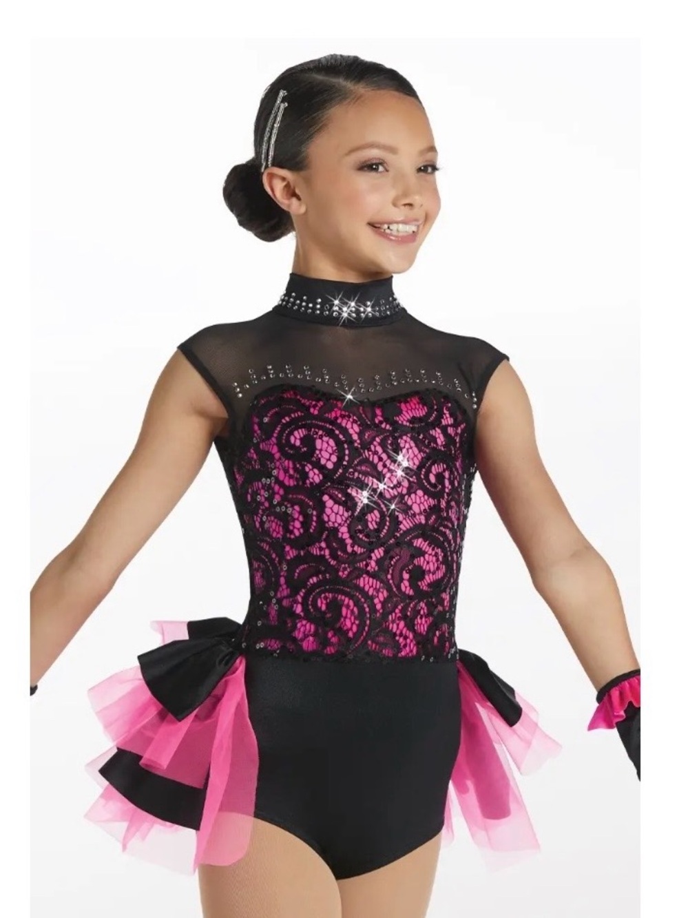 Weissman Black and Hot Pink Lace Dance Leotard with Tulle Bows